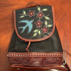 American West Tooled Bird Floral Leather Backpack